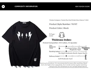Détail du t-shirt en coton avec imprimé éclair et tableau de composition du tissu