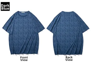 Front and back view of dark blue quick-dry T-shirt with geometric jacquard texture