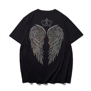 Men's black crewneck T-shirt featuring luxury rhinestone wing and crown graphic back print