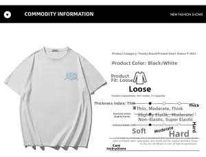 Détail d'un t-shirt blanc en coton avec imprimé bleu et détails sur la composition