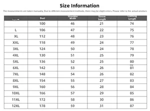 Tableau des tailles détaillé pour t-shirt grande taille allant du M au 12XL