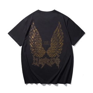 Black cotton T-shirt with golden rhinestone wings and BB logo on the back view