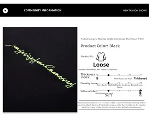 Detail of lime green embroidery on black cotton t-shirt with fabric care instructions