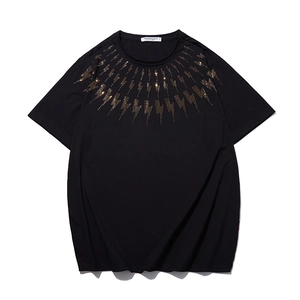Men Plus Size Rhinestone Lightning Print Cotton T-Shirt Streetwear Casual Short Sleeve Summer Loose Top Black
