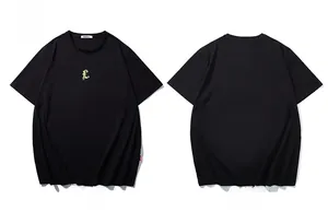 Detail of black oversized t-shirt with yellow gothic L print and red side label