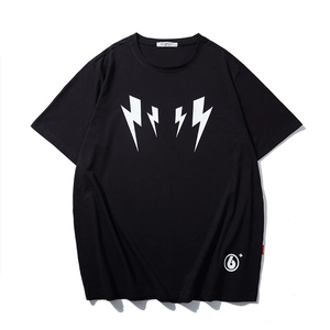 T-Shirt Grande Taille Homme en Coton avec Motif Éclair Été Coupe Décontractée Manches Courtes Col Rond Streetwear Noir
