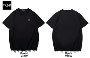 Flat lay of black cotton t-shirt with white gothic R embroidery on the front and back view