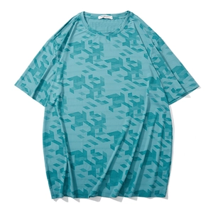 T-shirt homme bleu sarcelle à motif cubique géométrique et coupe décontractée