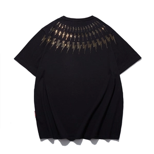 Oversized black cotton T-shirt featuring golden lightning bolt collar print detail