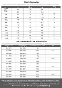 Detailed size chart for men's plus size shorts ranging from XL to 12XL with measurements
