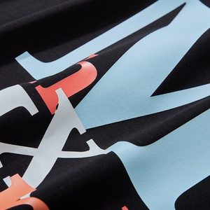 Loose fit black cotton T-shirt featuring large blue and orange graphic letter prints