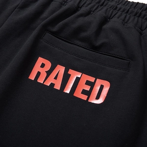 Men's loose black cotton sweatshorts with red RATED print and elastic waistband