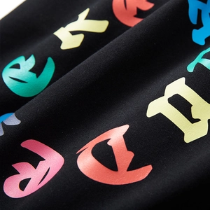 Men's loose black cotton shorts with colorful gothic letter print and knit texture