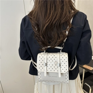 Modern white polka dot backpack for women with burger graphic and stylish dual straps