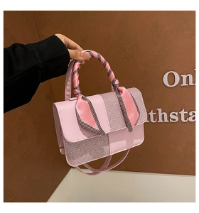 Pink glitter leather square handbag with decorative silk scarf wrapped handle