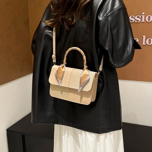 Minimalist beige crossbody bag with glitter patchwork and plaid silk scarf handle decoration