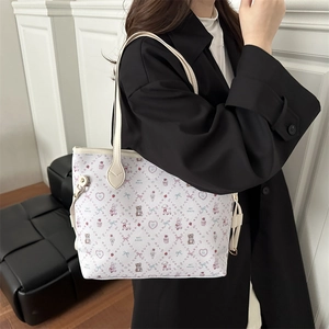 Grand sac fourre-tout à bandoulière avec imprimés floraux d'animaux et anses en cuir blanc