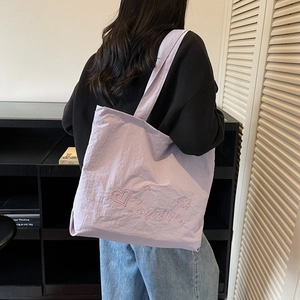 Trendy large light purple tote bag with heart embroidery for women's casual shoulder wear