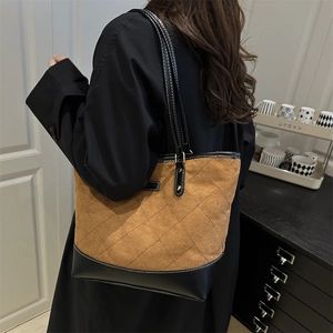 Retro large capacity tote bag with brown quilted suede and black leather accents