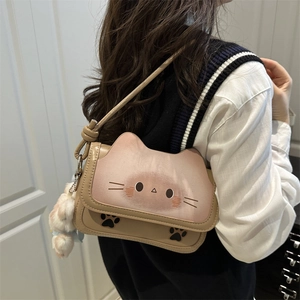 Cute khaki cat-shaped crossbody bag for women with cat ear detail and plush pendant