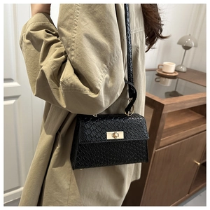 Close-up of black crocodile pattern leather texture and golden metal twist lock