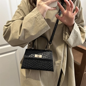 Classic black lychee pattern small square handbag with gold twist lock and top handle