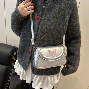 Silver metallic mini crossbody bag with pink butterfly embroidery for women's fashion