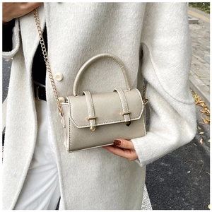 Detail of champagne gold mini crossbody bag with cross-grain texture and chain strap