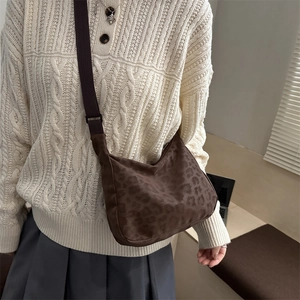 Coffee leopard print crescent crossbody bag with adjustable strap for women
