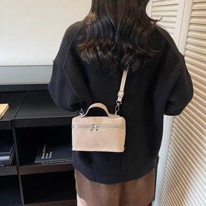 Chic beige suede crossbody box bag for women with unique heart-shaped dual metal zippers