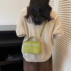 Green mini crossbody square bag in suede with heart zipper pulls and top handle