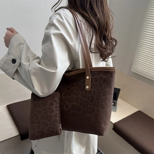 Brown leopard print tote bag with small pouch in premium matte suede material