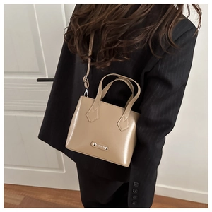 Vista dettagliata della borsa a secchiello beige con placca in metallo lucido