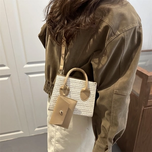 French vintage beige woven small crossbody bag for women with a matching mini card pouch