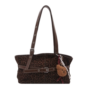 Vintage leopard print tote bag with brown leather straps and cute plush bear charm