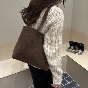 Brown leopard print suede tote bag for women with large capacity and long straps