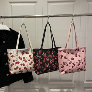 Sac Cabas Imprimé Cerise Mode Grande Capacité Cuir PU Sac à Épaule Décontracté Femme Navettage Sac Carré Imprimé