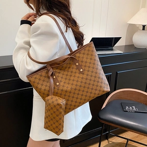 Brown vintage monogram tote bag set with matching coin purse for women's daily commute