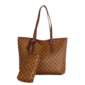 Fashionable brown tote bag set with black geometric floral print and matching small pouch