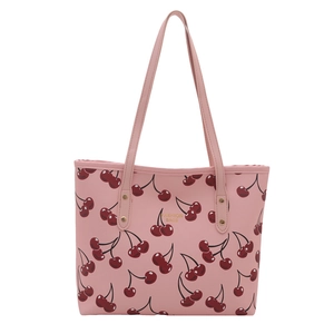 Sac cabas en similicuir rose avec imprimés cerises rouges et logo Fashion Bags doré