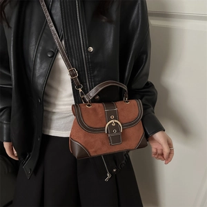 Retro brown suede crossbody bag with gold buckle and adjustable strap for women