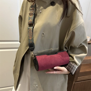 Retro wine red suede cylinder crossbody bag with stylish bohemian patterned wide strap