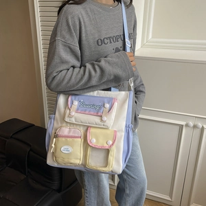 Sac fourre-tout en toile à poches multiples aux couleurs pastel pour femme bandoulière