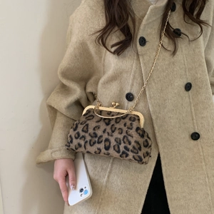 Retro leopard print crossbody bag with gold chain strap and vintage clasp closure