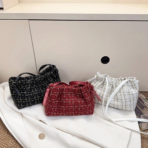 Damen Trendy Tweed Karo Eimertasche Goldfaden Kordelzug Cloud Schultertasche Casual Crossbody Handtasche Für Den Alltag