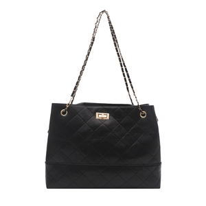 Quilted black faux leather tote bag with gold chain strap and metal swivel lock