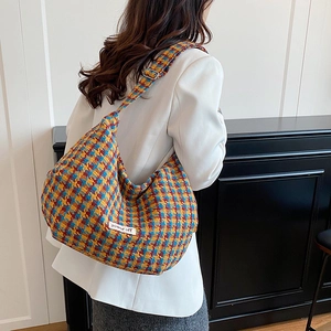 Colorful plaid tote bag for women featuring yellow red blue grid and wide strap