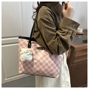 Pink and white checkered tote bag with a cute plush bear pendant and leather straps