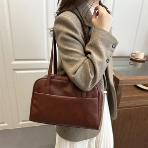 Minimalist deep brown leather tote bag with lychee texture and large capacity for women