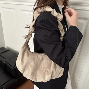Chic beige velvet pleated underarm bag with scrunchie strap and half-moon design